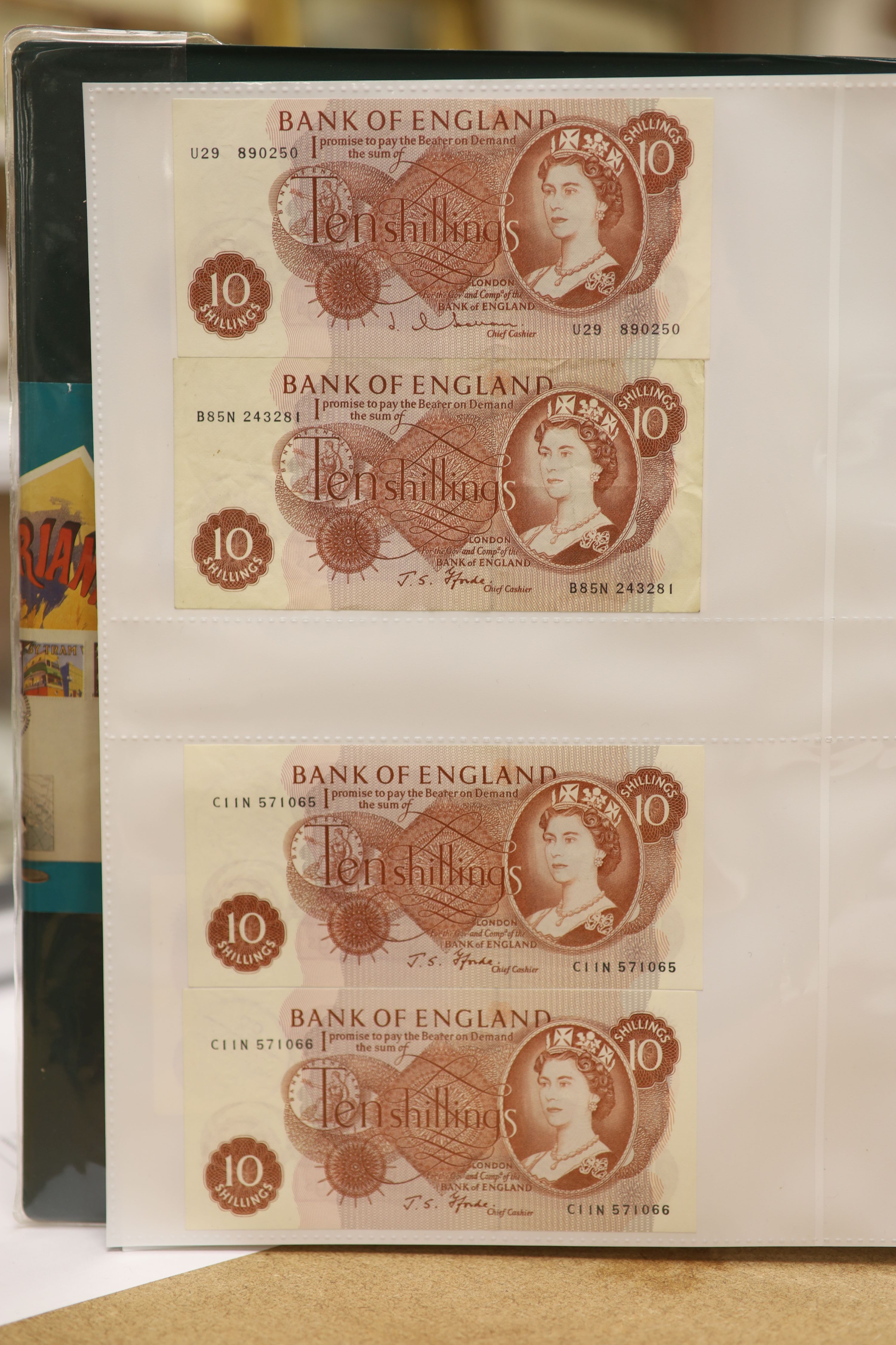 A collection of Bank of England and Scottish banknotes to include: 21 QEII 10 shillings, 14 O'Brien and Beale 10 shillings, 1 Peppiatt 10 shillings, 4 Hallam one pound notes, 18 O'Brien or Beale one pound notes, 8 Peppia
